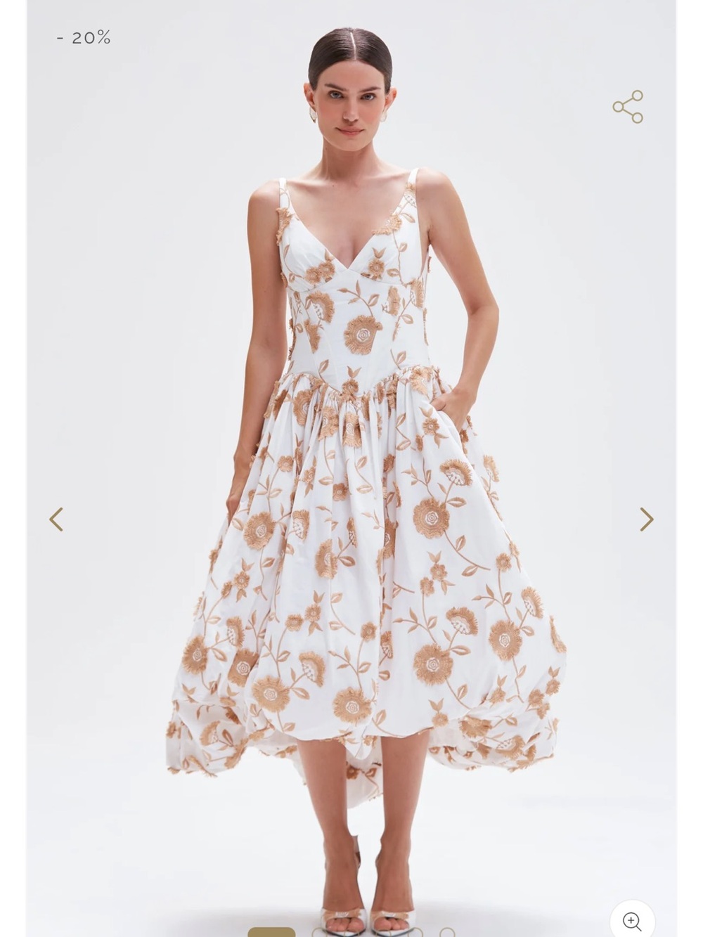 PatBO White Midi Dress with Tan Floral Embroidery